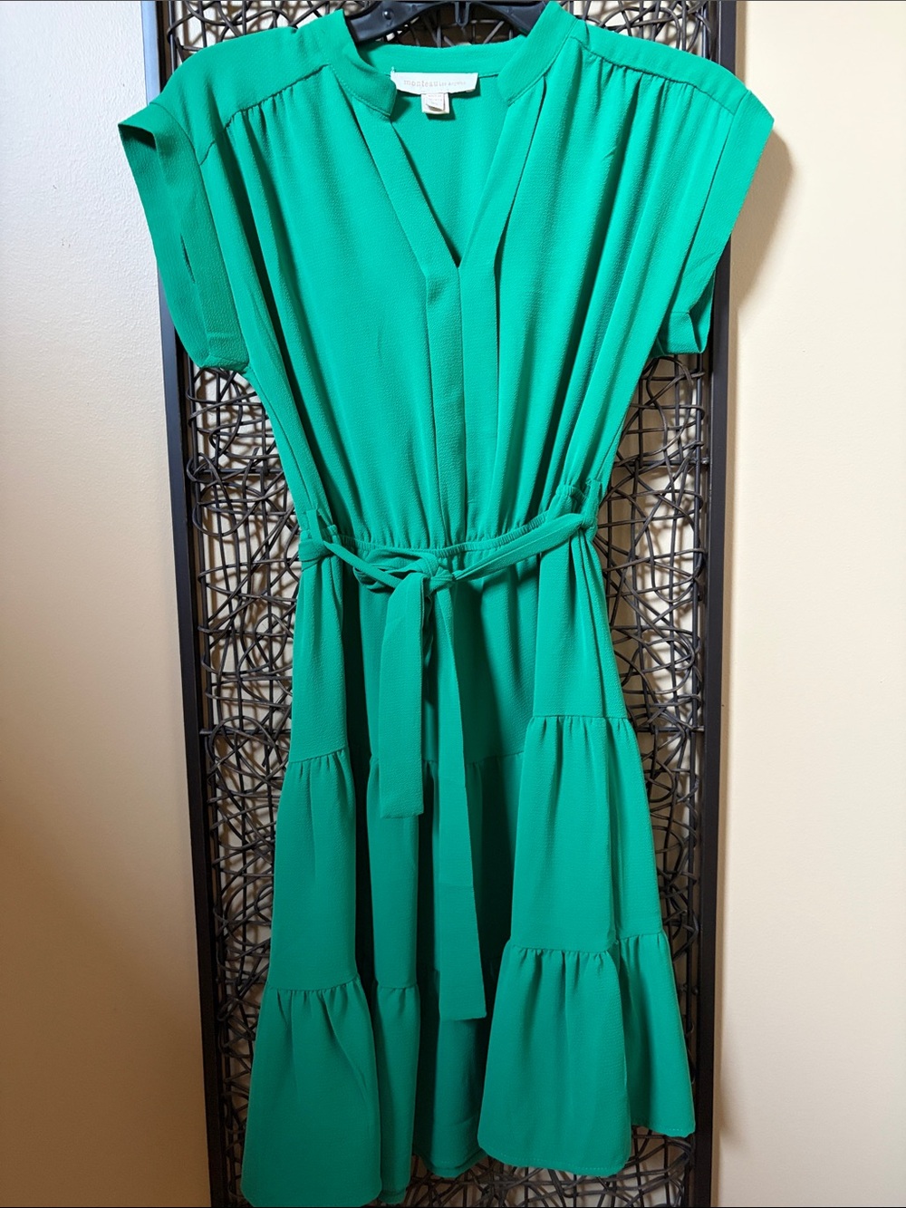Emerald Tiered Midi Dress with Self-Tie Belt